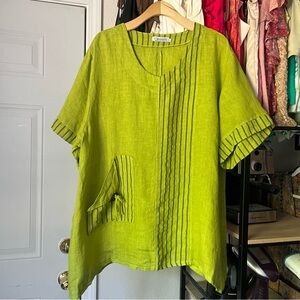 NWOT TRANSPARENTE Olive green linen lagenlook stripe boxy oversized short sleeve